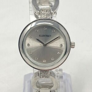 Ellen Tracy Watch Women 28mm Silver Tone Crystals Oval Links New Battery 6.5"